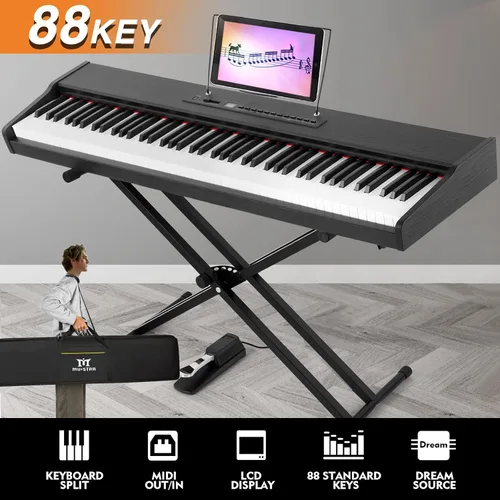 Vista 2 de Mustar Piano digital electrónico de 88 teclas, teclas semipesadas, MDF, soporte de doble tubo, MIDI USB, bolsa de almacenamiento, pedal