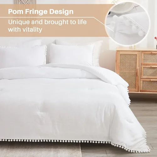 Vista 5 de Andency Juego de edredón blanco tamaño matrimonial (79 x 90 pulgadas), 3 piezas (1 edredón con flecos de pompones, 2 fundas de almohada) para todas