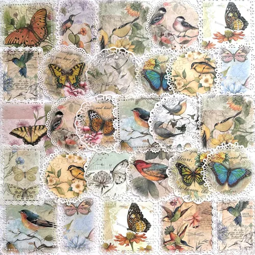 40 piezas vintage redondo cuadrado de encaje borde papel mariposa pájaro retro Scrapbook Material encaje floral póster Decoupage papel decorativo