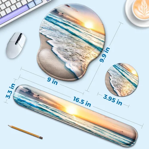 Vista 2 de Alfombrilla de mouse y soporte para reposamuñecas para teclado, con base de poliuretano antideslizante, alfombrilla de mouse de gel con posavasos