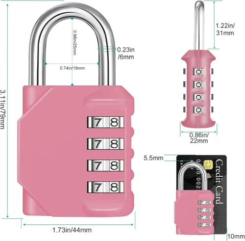 Vista 4 de ZHEGE Candado de Combinación, Candado de Combinación de 4 Dígitos para Exteriores, Candado Escolar, Candados de Gimnasio (Rosa)