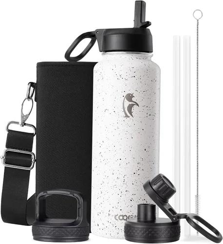 Vista 13 de Coolflask - Botella de agua de 64 onzas aislada, con popote y 3 tapas, de acero inoxidable con boca ancha, libre de BPA, mantiene las bebidas frías