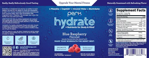 Vista 5 de Perk Hydrate Blue Raspberry - Mezcla de bebida con electrolitos en polvo (30 porciones), agua de coco, CDP-colina, L-teanina, sin gluten
