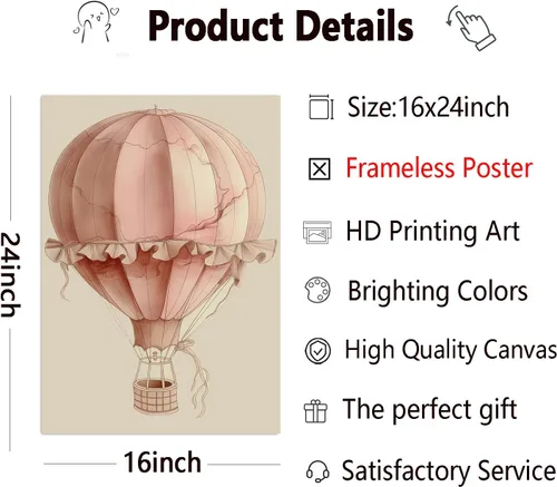 Vista 3 de Lienzo de globo aerostático para pared, diseño de conejito estético rosa, acuarela, cuarto de bebé, arte de pared de gato, conejo con flores