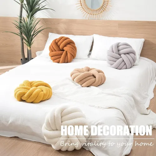 Vista 3 de XIAIJIA Almohada redonda negra suave con nudo, almohada de felpa con nudo para sofá, almohadas decorativas anudadas para cama, sala de estar