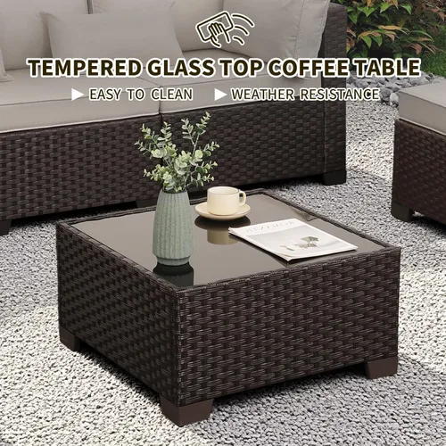 Vista 7 de WAROOM Outdoor Patio Furniture Set 7 Pieces Wicker Sectional Sofa Brown Rattan Conversation Couch with Coffee Table, Anti-Slip Thick Beige Cushion