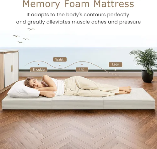 Vista 7 de Colchón de tres pliegues de 6 pulgadas, tamaño individual, sofá cama plegable con funda extraíble lavable, colchón de futón plegable de espuma