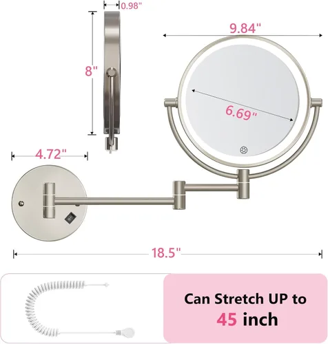 Vista 6 de Espejo de maquillaje montado en la pared con luces, aumento de doble cara 30X/1X, espejo de tocador iluminado con 3 modos de color, brillo