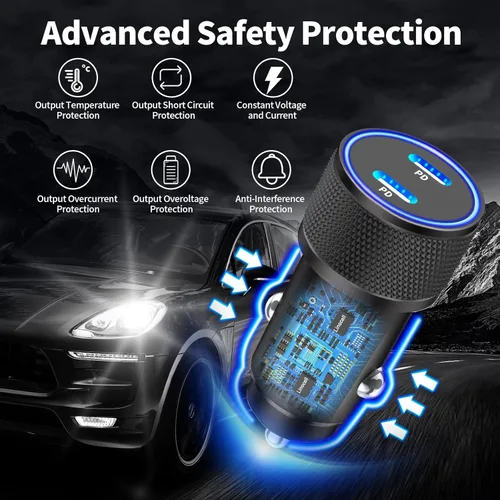 Vista 6 de 【MFi Certified】iPhone Car Charger Fast Charging, Linocell 60W Dual USB C Car Power Cigarette Lighter Car Carplay Charger with 2Pack Type C to