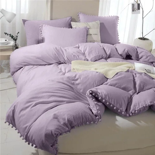 Vista 11 de ETDIFFE Juego de funda de edredón con pompones, color lavanda, tamaño individual, juego de funda de edredón de microfibra bohemio bohemio de 2