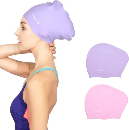 Vista 9 de Keary 2 Pack Gorro de natación actualizado de silicona para cabello largo para mujeres y niñas, impermeable, gorro de baño para piscina, gorro