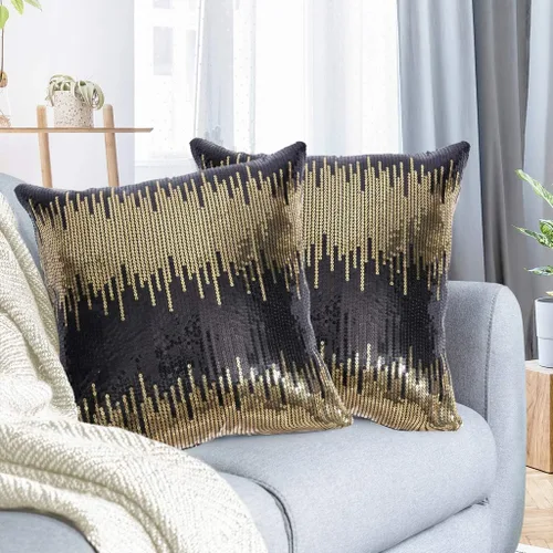 Juya Delight Juego de 2 fundas de almohada con lentejuelas brillantes para sofá, decoración del hogar, 18 x 18 pulgadas, oro negro
