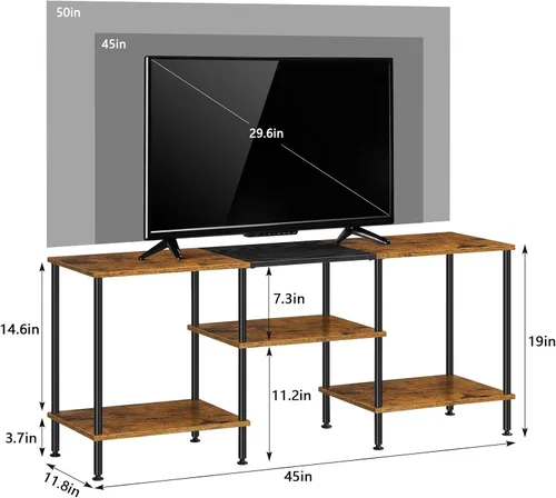 Vista 2 de Soporte de TV de 50 pulgadas para dormitorio, centro de entretenimiento de color marrón rústico con almacenamiento, mesa de TV de 3 niveles