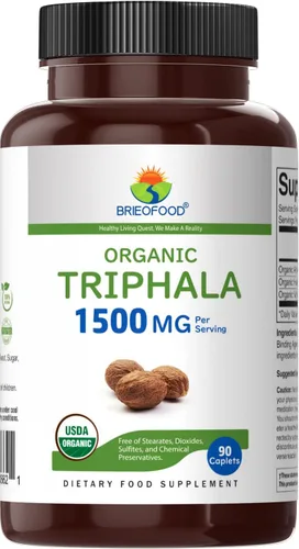 Vista 2 de Brieofood Triphala Orgánica 1500mg, 45 Porciones, Vegetariana, Sin Gluten, 90 Tabletas Vegetarianas
