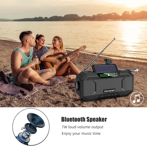 Vista 5 de Radio de emergencia Altavoz Bluetooth impermeable, radio FM portátil con linterna, lámpara de lectura, radio meteorológica NOAA con panel solar