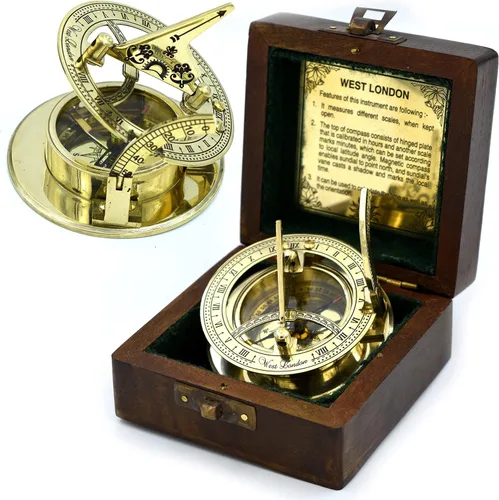 Vista 8 de SARA NAUTICAL Reloj de Sol Antiguo de Latón, Brújula con Reloj Solar en Caja, Regalo, Reloj Solar en Forma de Barco, Decoración de Barco
