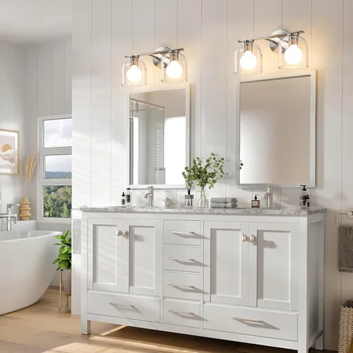 Vista 2 de WOSHITU Moderna lámpara de tocador de baño de níquel cepillado de 14.2 pulgadas: 2 apliques de luz con pantalla de vidrio transparente para espejo