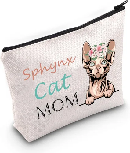 Sphynx - Bolsa de cosméticos para gatos y mamás, bolsa de maquillaje con cremallera para mujeres y niñas, gafas nerd, sin pelo, regalo para amantes
