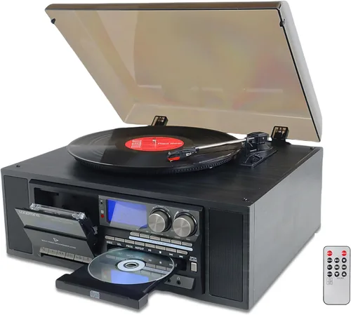Reproductor de discos de vinilo 10 en 1 con Bluetooth de 3 velocidades, tocadiscos automáticos vintage, reproductor de casete de CD, radio AM/FM,