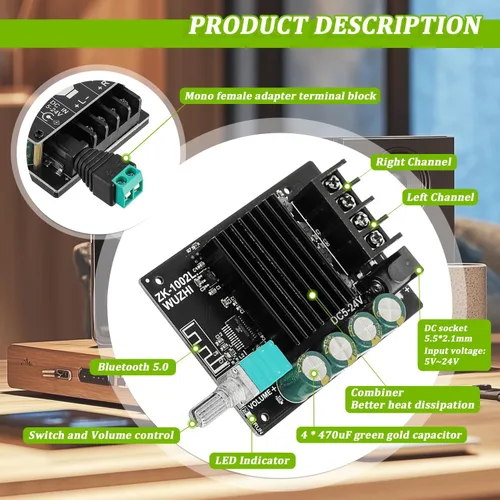Vista 7 de Tablero amplificador Bluetooth de 100W+100W DC 5-24V BT y AUX entradas 2.0 canales estéreo AMP Board Módulo amplificador de potencia de audio