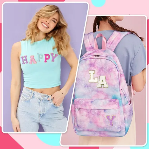 Vista 5 de 6 piezas de parches de letras de chenilla autoadhesivas con purpurina para planchar, parches de letras universitarias estilo preppy, letras difusas