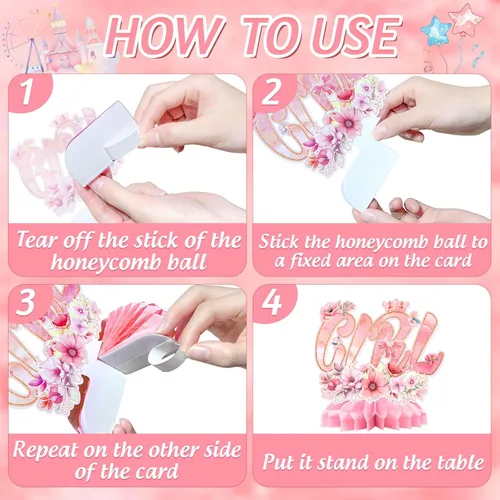 Vista 3 de 9 piezas de decoración rosa para baby shower, centro de mesa de nido de abeja floral, decoración de mesa de anuncio de embarazo para niña