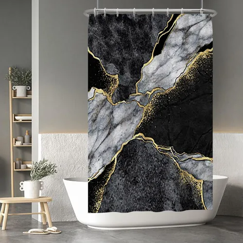 Vista 131 de Baocicco Cortina de ducha de mármol azul abstracto a rayas, decorativa, textura de lujo, línea moderna, decoración de acuarela, juego de cortinas