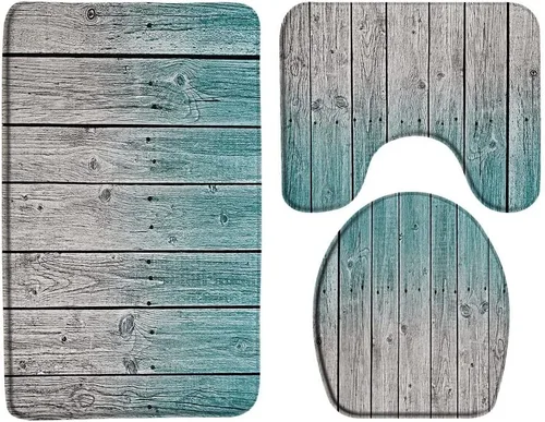 Juego de 3 tapetes de baño rústicos para puerta de granero, estilo vintage, color verde azulado y gris, tablero de madera, tapete de baño