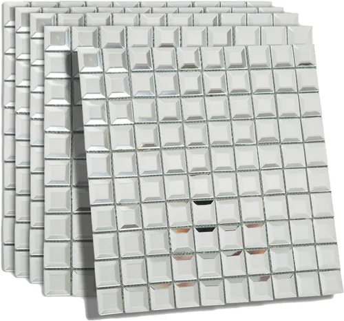 Vista 10 de Mosaico de vidrio con espejo, biselado sin costuras de diamante plateado para salpicaduras de 12 x 12 pulgadas para cocina y baño, 5 hojas