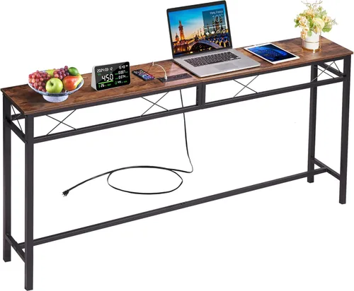 Vista 9 de VECELO Mesa de consola angosta extra larga de 71 pulgadas con estación de carga, toma de corriente y puertos USB, para entrada, sala de estar, Gris