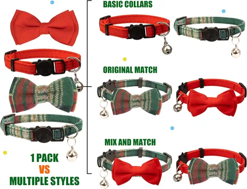 Vista 4 de Collar para Gato Mascota Separable con Campana y Moño Desmontable Ajustable Seguridad para Gatito Cachorro Niña Niño 2 piezas Navidad-A