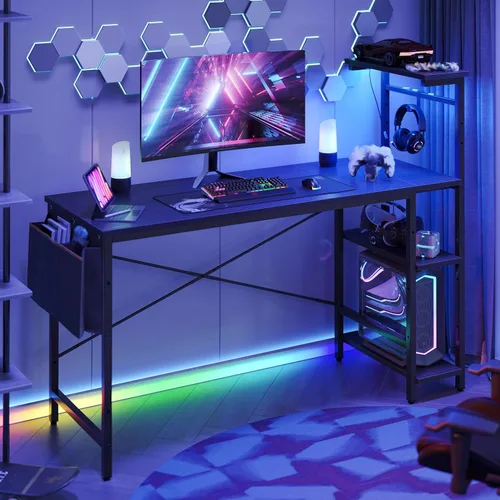 Vista 108 de Bestier Escritorio para juegos con tomas de corriente, escritorio LED grande de 61 pulgadas con estantes reversibles de 4 niveles, mesa
