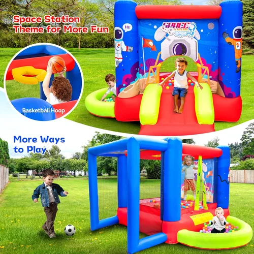 Vista 2 de WELLFUNTIME Casa de Rebote Inflable con Tobogán, Castillo Hinchable con Soplador para Casa de Juego de Niños con Piscina de Olas