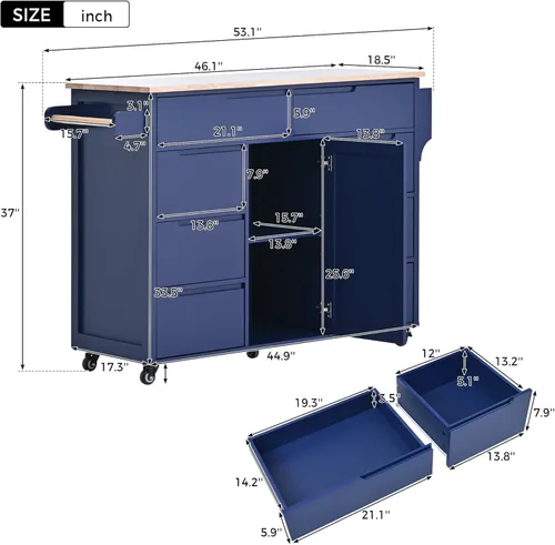 Vista 82 de LUMISOL Carrito de isla de cocina con ruedas de bloqueo con 2 cajones y 4 gabinetes, isla de cocina rodante con estantes ajustables, mesa de madera