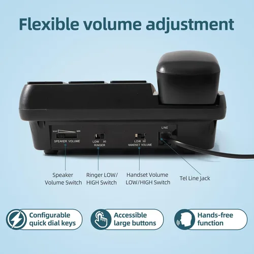 Vista 7 de Teléfono con Cable de Botón Grande para el Hogar con Timbre Fuerte de 110dB, Marcación Rápida de 3 Fotos, Altavoz y Control de Volumen. Fácil