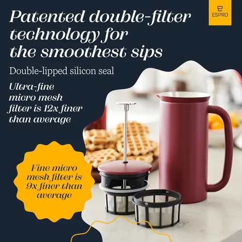 Vista 4 de ESPRO P7 Cafetera de Prensa Francesa - Acero Inoxidable de Doble Pared Aislado con Microfiltro, 32 Onzas, Cranberry Arándano