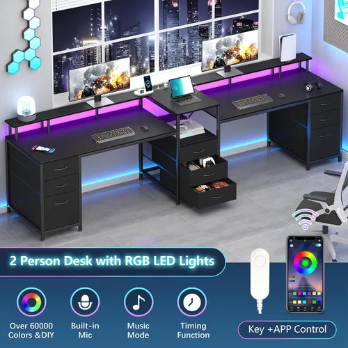 Vista 6 de YOMILUVE Escritorio para Computadora de 98.4" de Largo con 9 Cajones, Escritorio de Juegos para 2 Personas con Luces LED y Toma de Corriente Negro