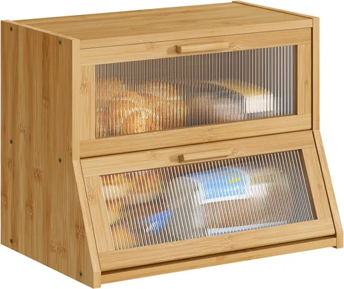 Vista 8 de BMOSU Panera grande de doble capa de bambú para encimera de cocina, contenedor de pan, contenedor de pan de granja, contenedor de almacenamiento