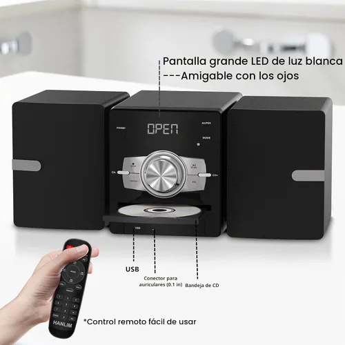 Vista 6 de Sistema estéreo para el hogar de 100 W con reproductor de CD, radio FM, Bluetooth, entrada AUX/USB, función de karaoke, conector para auriculares