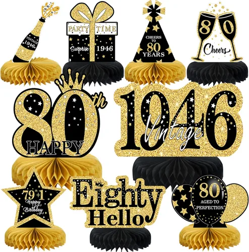 Vista 26 de 9 piezas de decoración de cumpleaños negro dorado 16 centros de mesa de panal para niños y niñas, centros de mesa de feliz cumpleaños 16