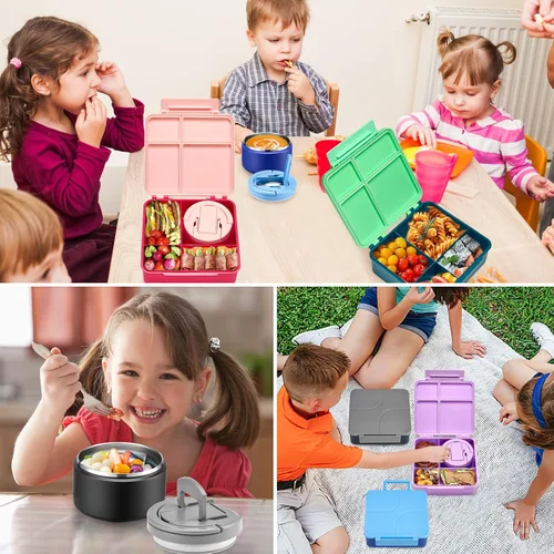 Vista 8 de Lonchera Bento para Niños con Termo para Sopa de 8oz, Contenedores de Comida para Almuerzo Impermeables para Niños con 4 Compartimentos, Tarro