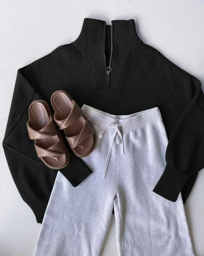 Vista 6 de EFAN Suéter de punto con cremallera de un cuarto para mujer, manga larga, cuello caído, hombros descubiertos, dobladillo dividido, suéter de punto