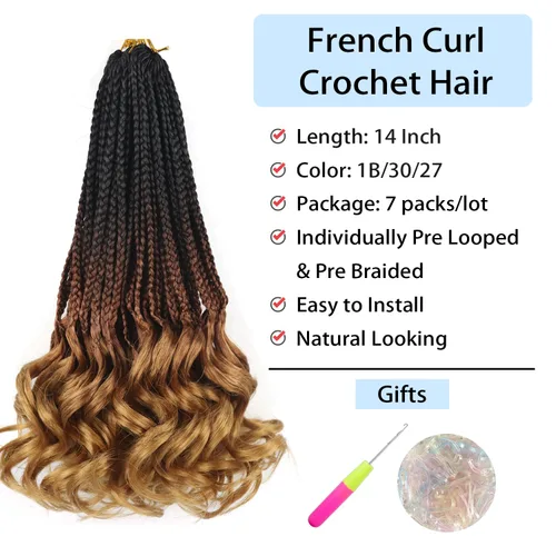 Vista 2 de Cabello de ganchillo con rizos franceses, trenzas de cabello de ganchillo con puntas rizadas, 14 pulgadas, preenlazadas, trenzas de caja tipo diosa