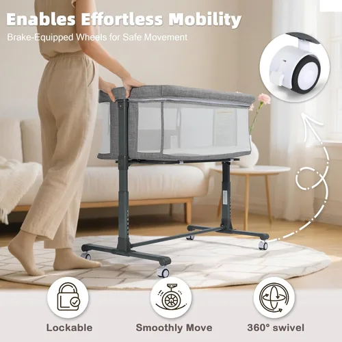Vista 3 de Moisés para bebé, cuna portátil para recién nacido, con ruedas bloqueables, altura ajustable, colchón suave extraíble, color gris