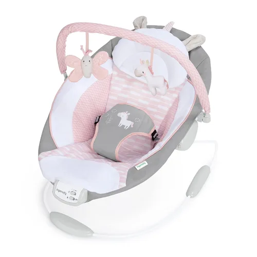 Ingenuity Hamaca Relajante para Bebé Asiento Infantil con Vibraciones, Barra de Juguetes y Sonidos, 0-6 Meses Hasta 20 libras (Pink Flora the
