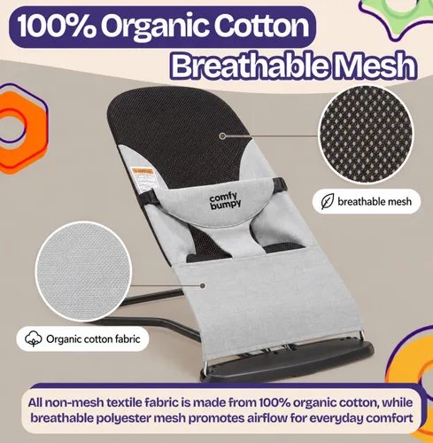 Vista 2 de ComfyBumpy - Portabebés portátil, algodón orgánico, 3 posiciones reclinables Breathable Mesh Sides, 8-20 lb, Foldable Design, 3-Point Harness Gris