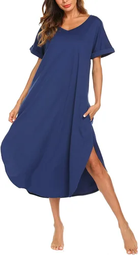 Vista 22 de AVIIER - Camisones de algodón para mujer, ropa de dormir suave con bolsillos, tallas S a XXL Negro Floewer 4
