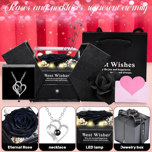 Vista 4 de Pasuvsigt Regalos de rosas para el día de San Valentín para ella, rosa real preservada con collar en 100 idiomas, luces LED y caja de música, regalo