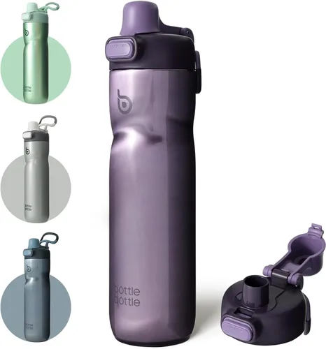 Vista 10 de BOTTLE BOTTLE Botella de agua aislada de 24 onzas con asa y tapas abatibles, botella de agua de acero inoxidable, tapa de botón, a prueba de fugas