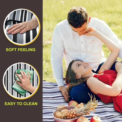 Vista 4 de PortableAnd Manta extragrande para exteriores y pícnic de 3 capas resistente al agua, alfombrilla práctica con bolsa, negro y blanco a rayas, ideal